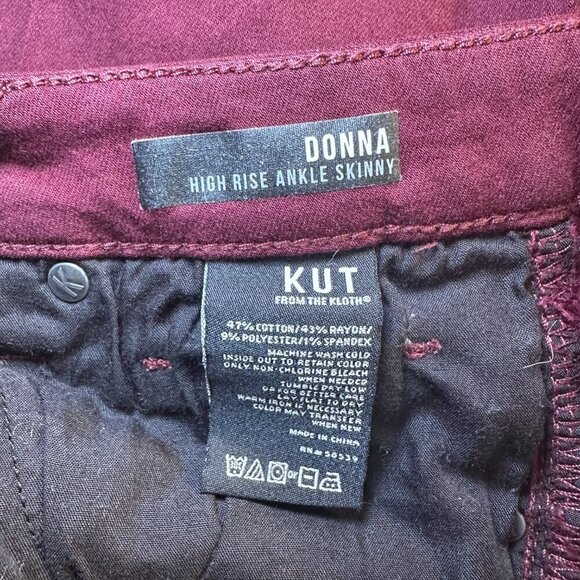 Women's 2 Kut From The Kloth Pants Donna High Rise Ankle Skinny Burgundy Raw Hem - Picture 7 of 8